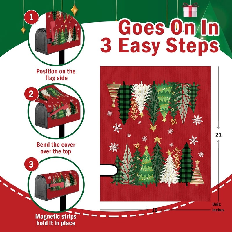 FBCOO Christmas Tree Red Mailbox Cover Magnetic Standard Size 20.5" x 18", Xmas Pine Trees Decorative Post Letter Box Wrap Decor, Winter Holiday Snowflake Garden Yard Outdoor Decoration - Image 3